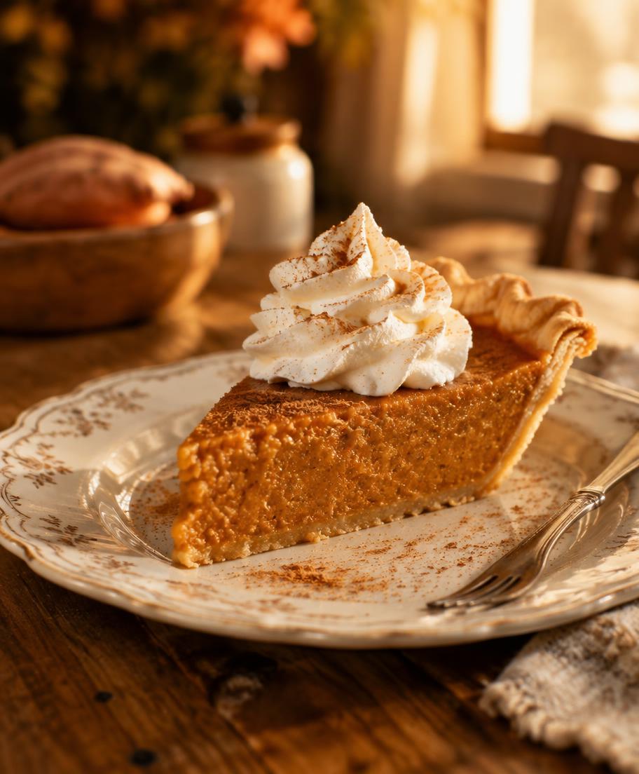A slice of sweet potato pie with whipped cream